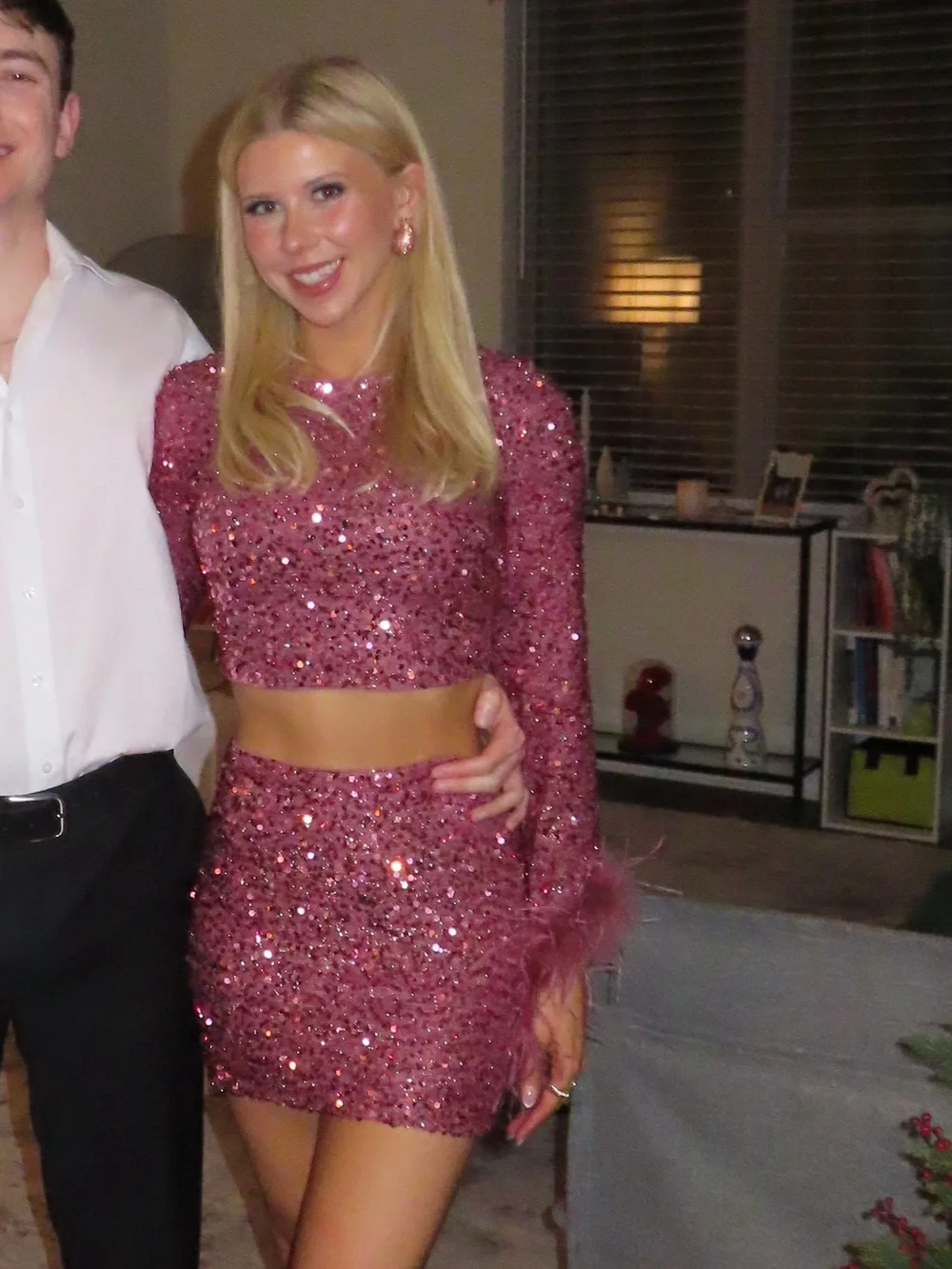 Feather Trim Mauve Sequin Two-Piece Crop Top & Mini Skirt Set